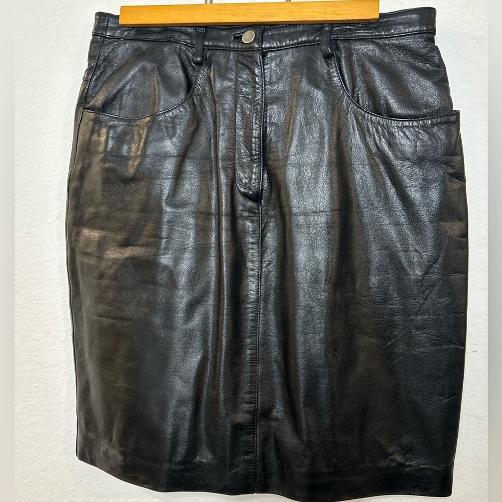 VINTAGE APART IMPRESSIONS BLACK GENUINE LEATHER KNEE LENGTH PENCIL SKIRT SZ 8
